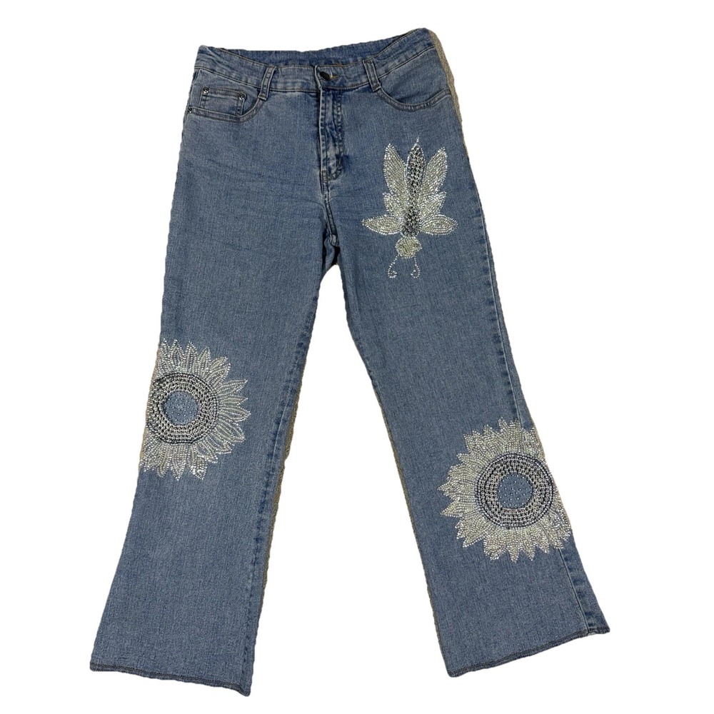 AZI Jeans Women's 30 Wide Leg Hand-beaded Embellished Embroidered Stretch Denim‎